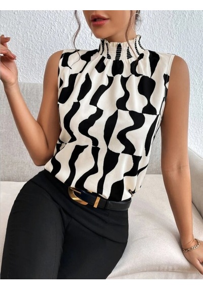 Efnaz Style Kadın Kolsuz Balıkçı Yaka Desenli Süprem Bluz Beyaz