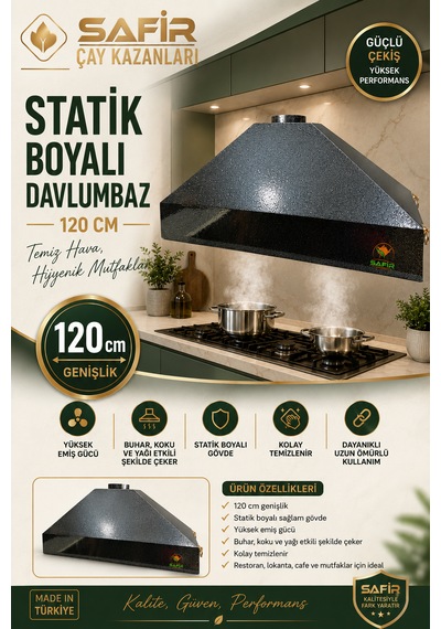 Safir Gri Statik Boyalı Davlumbaz 120 Cm Ebatlı Safir Davlumbaz 5 Ve 6 Gözlü Çay Kazanı İçin Davlumbaz