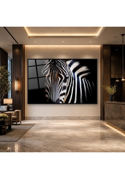 Karanlıkta Zebra Yakın Plan Siyah Çerçeveli Cam Tablo
