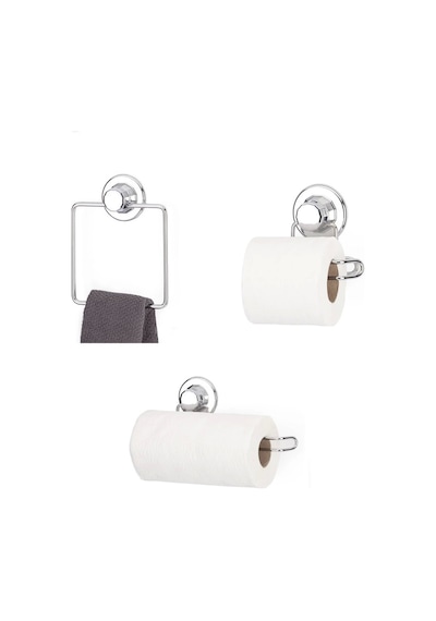 Hem Vantuzlu Hem Vidalı Banyo Aksesuarı 3 Lü Set Kare Havluluk + Tuvalet Kağıtlığı + Kağıt Havlu Askısı Gri