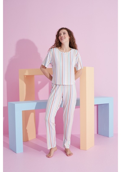 Siyah İnci Likralı Örme Pijama Takım 7800 Çizgi Desen