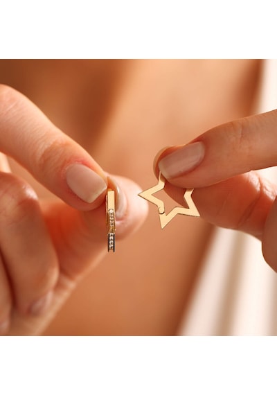 Sembol Gold Altın Halka Küpe Yıldız Form 1.5 cm Taşlı