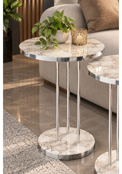 Sulorahome Gümüş Metal Ayaklı Efes Mermer Desenli 3'lü Zigon Sehpa Takımı Beyaz Mermer - Gümüş