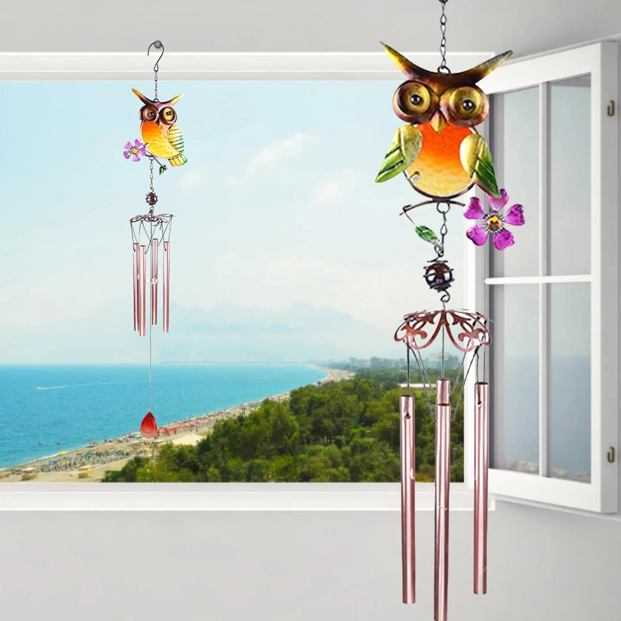 Feng Shui Baykuş Tasarımlı Cam İşlemeli Rüzgar Çanı Bahçe Balkon Dekorasyon Ürünü Yeni Ev Hediyesi 40  Cm