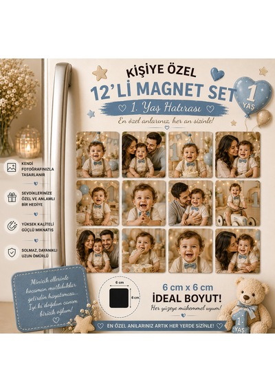 12'li Kare Fotoğraf Magneti 1 Yaş Doğum Gününe Kişiselleştirilebilir İlk Yıl Anı Hediye Seti