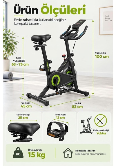 Spin Kondisyon Bisikleti 4 Kg Volanlı, Ayarlanabilir Dirençli Egzersiz Bisikleti Yeşil Genel