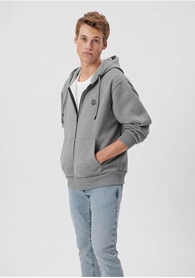 Erkek Mavi Logolu Kapüşonlu Fermuarlı Sweatshirt-gri Melanj Gri Melanj