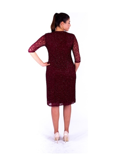 Nidya Moda Büyük Beden Kadın Bordo Dantel Abiye Elbise-4009Yb Bordo