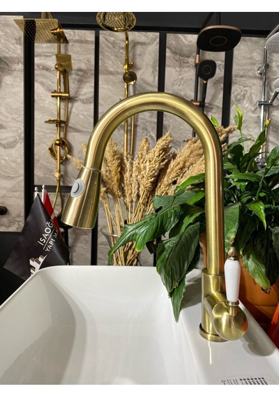 İsaoğlu Yapı Antik Gold Luxury Spiralli Mutfak Bataryası Mat Altın Uzayan Başlıklı Evye Bataryası Gold Musluk Gold