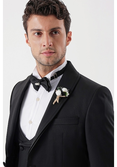 İmza Siyah Desenli Armürlü Çıkarılabilir Şal Yaka Kruvaze 6 Drop Slim Fit Smokin Damatlık Takım 1001230214-Siyah
