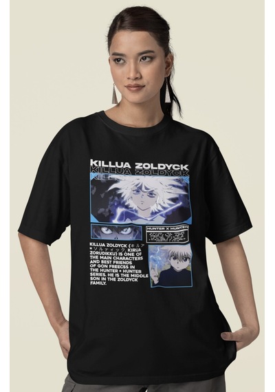 Sevbano Killua Zoldyck Hunter X Hunter Baskılı Unisex Oversize Anime Tişö Siyah