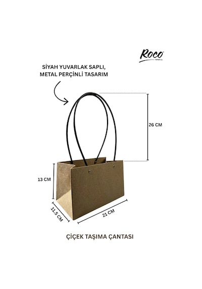 Kraft Çiçek Çantası, Su Geçirmez Metal Saplı Hediye Ve Saksı Taşıma Çantası, 11.5x21x13 Cm, 6 Adet