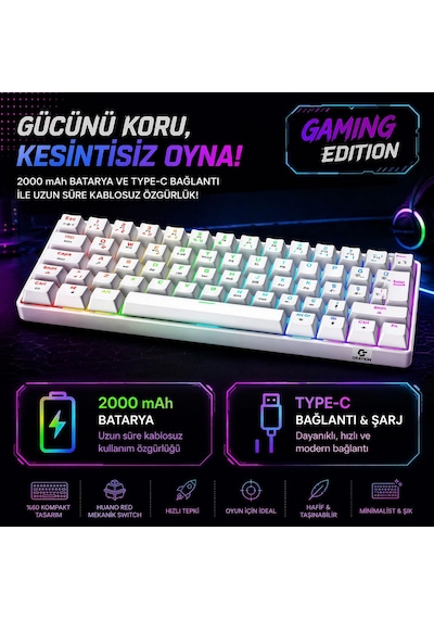 Kyra Mk61 Rgb Mekanik Gaming Oyuncu Klavyesi,%60 Kompakt, Bluetooth & 2.4g Kablosuz + Kablolu, Huano Red Switch, Türkçe Q,beyaz