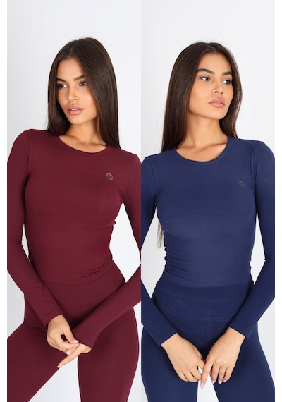 Soft&Basic Kadın Uzun Kollu Baskılı Bisiklet Yaka Bordo-lacivert Body Çok Renkli