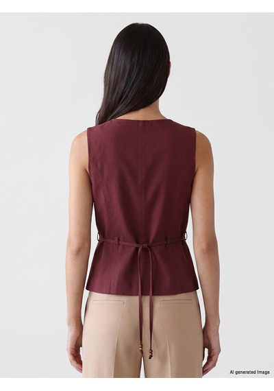 Lcw Everyday Bordo Beli Kuşaklı Keten Karışım Kadın Klasik Yelek