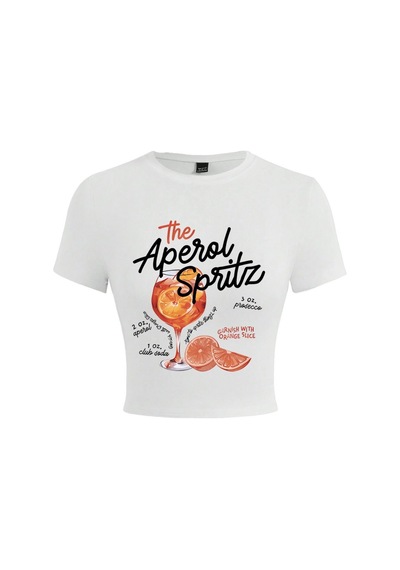 Noıssey Aperol Spritz Retro Kokteyl Baskılar Kırpma T-shirt Kadın Sıkı T Shirt O-boyun Yüksek Elastik Beyaz