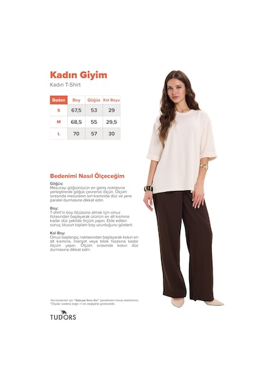 Tudors Kadın Oversize Geniş Kesim Likralı Yırtmaç Detaylı Kısa Kol Bisiklet Yaka Ekru Tişört-52107