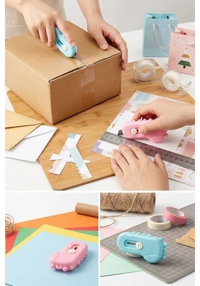 Dinozor Tasarımlı Mini Makas Ve Falçata Seti, Pratik Kargo Paket Açıcı 2'li Set