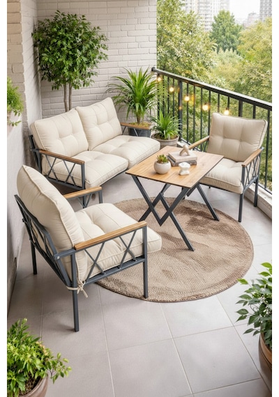 Ard & Garden Miray 211 Masalı Krem Fermuarlı Bahçe Balkon Takımı, Salon, Teras- Berjer Düğmeli Metal Çay Seti Krem