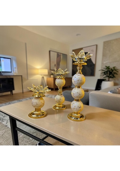 Sleep Nova Lotus Kristal Şamdan Mumluk Gold Beyaz Mermer Desenli