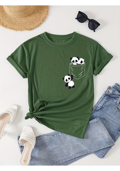 Uyguntarz Unisex Cep Panda Baskılı Tasarım Tshirt Yeşil