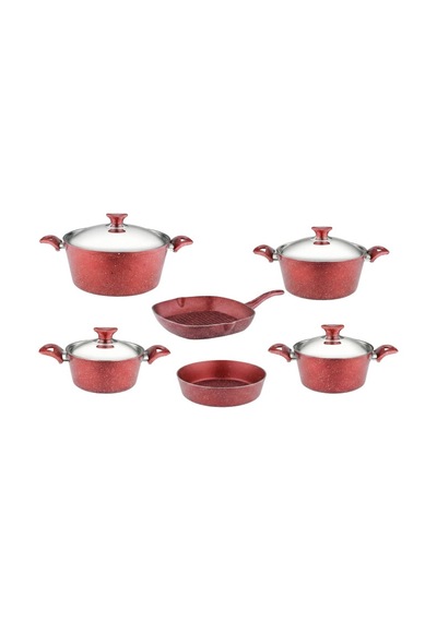 10 Parça Granit Set Çelik Kapak - Kırmızı Kırmızı