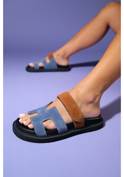 Luvishoes Luvi Shoes Morte Laci-taba Süet Hakiki Deri Kadın Terlik Lacivert - Taba