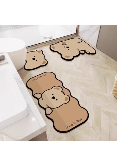 Sevimli Ayıcık Figürlü 3'lü Banyo Paspas Seti - Kaymaz Tabanlı Diatomit Peluş Banyo Halısı Açık Bej