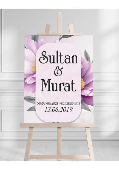 Söz Nişan Düğün İçin 50x70 Karşılama Panosu - Mor Gül Tasarımlı Beyaz