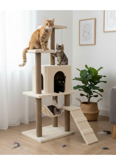 Pet B-07 Hamaklı Yuvalı Lüks Kedi Tırmalama Oyun Evi Beyaz