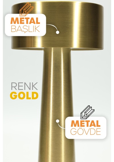 Şarjlı Dokunmatik Masa Lambası Metal 3 Işık Parlaklık Ayarlı Gece Masa Üstü Lamba Gold A3 Gold