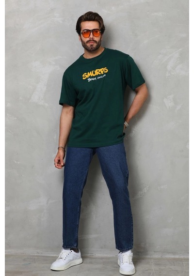 Genel Marka Basic Bisiklet Yaka Oversize T-shirt - Yeşil - Renkli