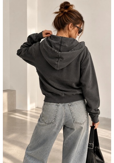 Bb Butik Basic Selanik Dokulu Fermuarlı Kapüşonlu Kadın Sweatshirt My3535 Antrasit
