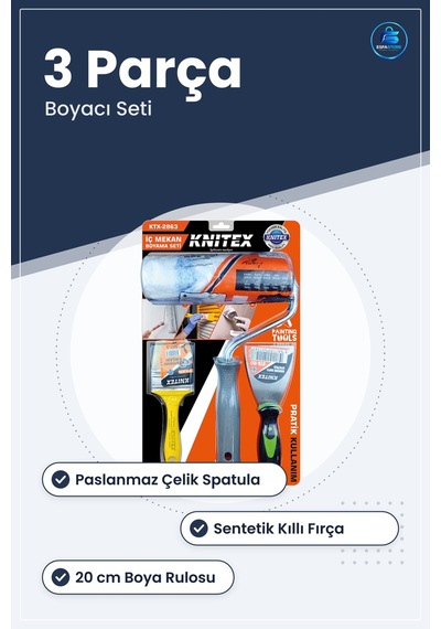 3 Parça Boyacı Seti Spatula Kestirme Fırça 20 Cm Boya Rulo İç Cep