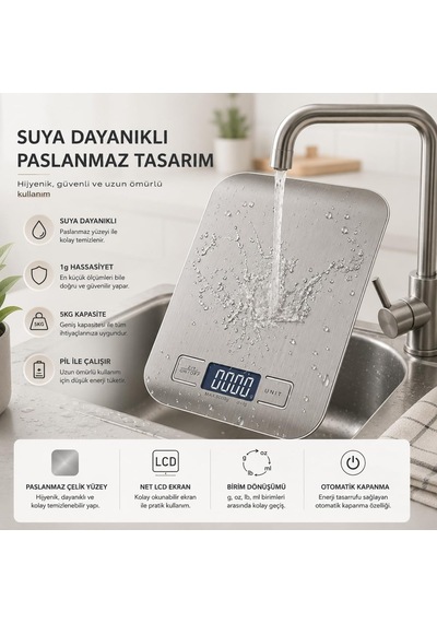 Healtcare Dijital Mutfak Terazisi - Paslanmaz Çelik Yüzeyli Hassas Mutfak Tartısı - Dara İşlevi, Led Ekran, 5 Biri Diğer