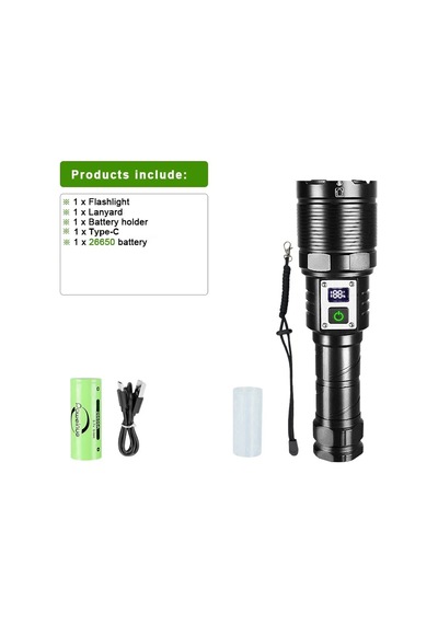 Yüksek Güç 1000000lm Led El Feneri Şarj Edilebilir Tip-c Uzun Menzilli 3000m C- 26650 Battery C- 26650 Battery Çok Renkli
