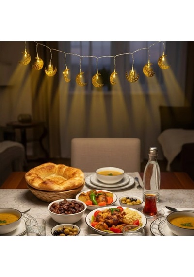 Minare Detaylı Hilal Led Ramazan Süsü Gold Metal Gövde, Günışığı Sarı, Pilli