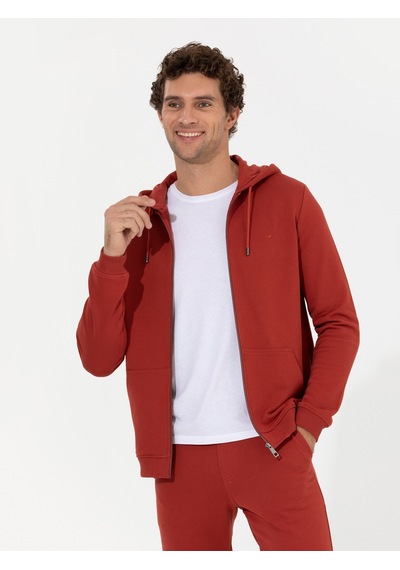 Kiremit %100 Pamuk Tam Fermuarlı Kapüşonlu Sweatshirt Kırmızı