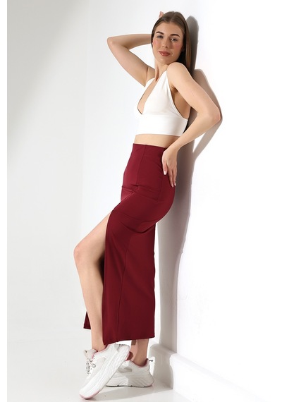 Winmoda34 Kadın Önden Derin Yırtmaçlı Dalgıç Etek Full Likralı Maxi Boy 92 Cm Bordo