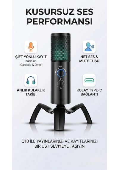 Profesyonel Usb Rgb Tak Çalıştır Mikrofon Çift Yönlü Kayıt Özellikli Yayıncı Ve Oyuncu Mikrofonu