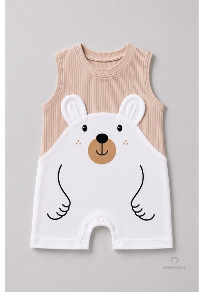Babyden's Erkek Bebek Yazlık Ayıcık Baskılı Fitilli Tulum %100 Pamuk Kolsuz Şort Tulum Yenidoğan Bebek Romper 0-9 Ay Bej