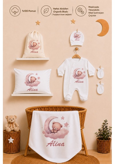 Pia Baby Kız Bebek Hastane Çıkışı 12 Parça %100 Pamuk İsme Özel Organik Baskılı Kese Hediyeli 100811k3x Ekru