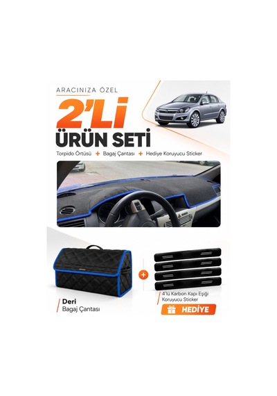 Opel Astra H 2003-2014 Uyumlu Torpido Örtüsü + Deri Bagaj Çantası + Sticker Seti - Siyah Mavi