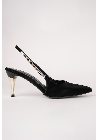 Muggo Vivara Zincir Detaylı Sivri Burun Arkası Açık Kadın Topuklu Ayakkabı Siyah