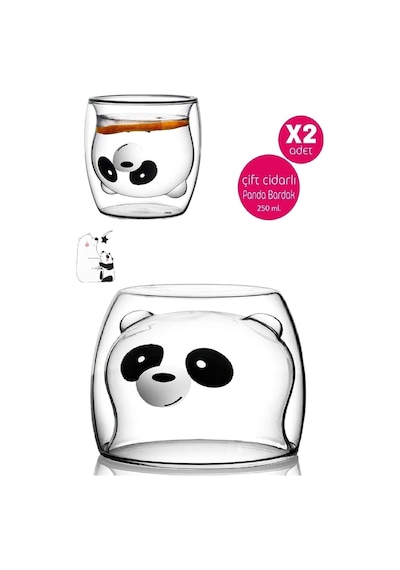 Panda Çift Cidarlı Bardak Süt Çay Kahve Su Bardağı 250ml Isı Yalıtımlı Kupa Bardak Seti