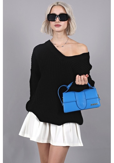 Madmext Siyah Oversize V Yaka Triko Kazak Mg1440 Siyah