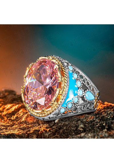 Takılingo Pembe Zirkon Taş Turkuaz Taş Detaylı Usta İşi Erkek Yüzük Gümüş