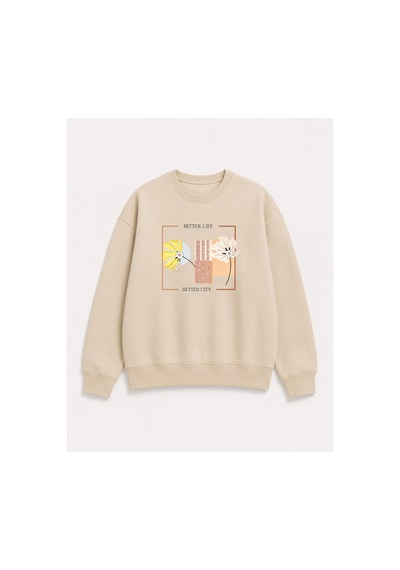 Herkesemoda Better Life Baskı Detaylı Bisiklet Yaka Şardonlu 2 İplik Sweatshirt Bej