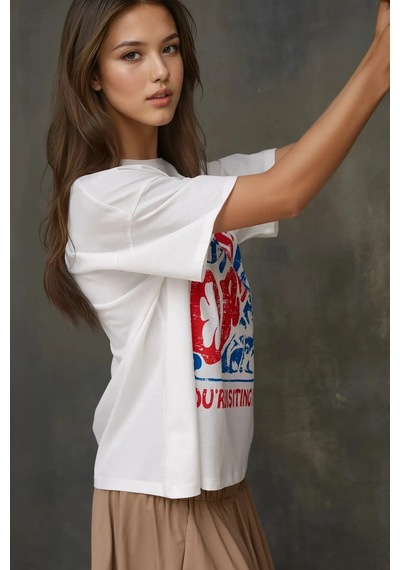 Hiccup Kadın %100 Pamuk Bisiklet Yaka Oversize Beyaz Baskılı T-shirt Kırmızı