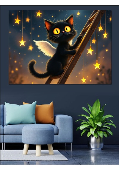 Yıldızlı Gece Kara Kedi Dekoratif Kanvas - Mdf Ahşap Tablo